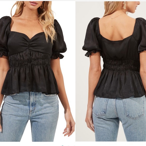 NWOT Black Sweetheart Peplum Smocked Top - Picture 2 of 2